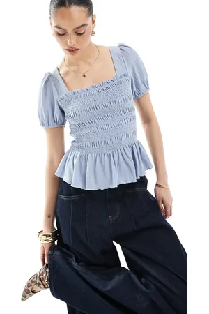 New Look Top azul con cuerpo fruncido y mangas abullonadas de