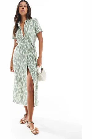 VERO MODA Vestido camisero largo verde abotonado con estampado abstracto Easy de