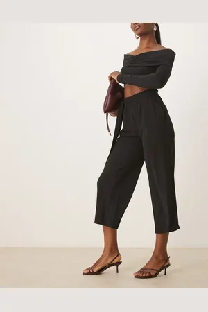 VILA Pantalones capri negros de pernera recta con lazada en la cintura de