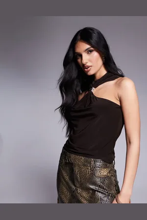 ASOS Top marrón ceñido con cuello halter de nadadora y detalle de herraje de