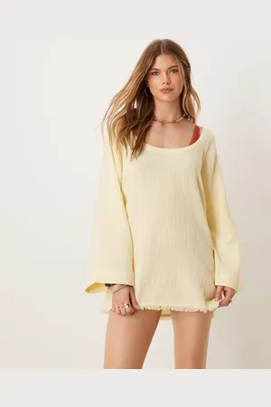 ASOS Vestido playero amarillo crema reversible de manga larga con bajo desflecado de bambula Callie de