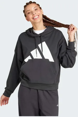 adidas Sudadera negra y blanca de corte suelto con capucha y logo grande de felpa rizada Essentials de -Negro