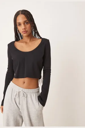 ASOS Top corto de manga larga y corte cuadrado con detalle de ribete de canalé de