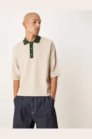 ASOS Polo color de corte cuadrado extragrande con solapas en contraste de punto texturizado de -Neutro