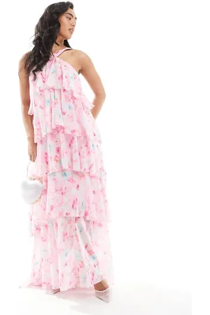 VERO MODA Vestido largo escalonado con cuello halter, detalle de flor y estampado floral difuminado Felicia de