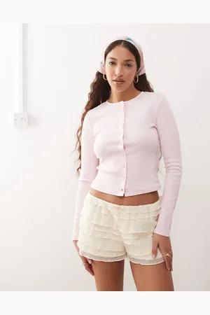 Miss Selfridge Cárdigan rosa pastel abotonado con cuello redondo de canalé de