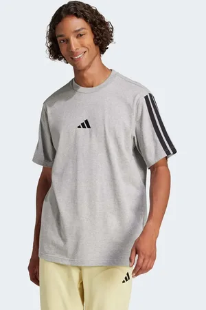 adidas Camiseta gris medio jaspeado y negra con 3 rayas de punto liso Essentials de