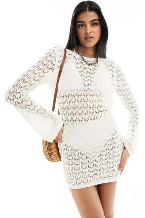 Miss Selfridge Vestido corto color de manga larga con espalda escotada de croché de -Blanco