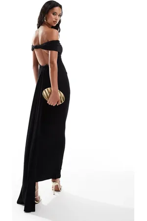 ASOS Vestido largo con escote Bardot, espalda abierta y detalle de cola de
