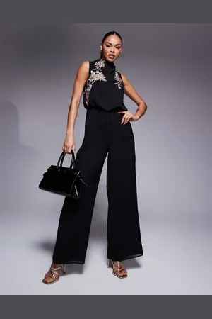 ASOS Mono largo de pernera ancha con bordados y cuello desbocado de
