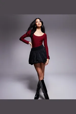 Fashionkilla Body ceñido de manga larga con cuello ancho y diseño moldeador de doble capa exclusivo de -Rojo