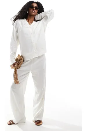 ONLY Pantalones blancos sin cierres de pernera ancha con detalle bordado de mezcla de lino de (parte de un conjunto)