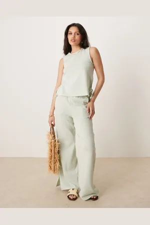 VILA Pantalones verdes y crema a rayas de pernera ancha de tejido texturizado de (parte de un conjunto)