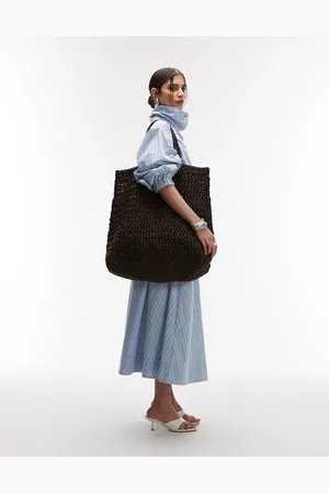 MANGO Bolso tote chocolate de rafia gruesa premium de