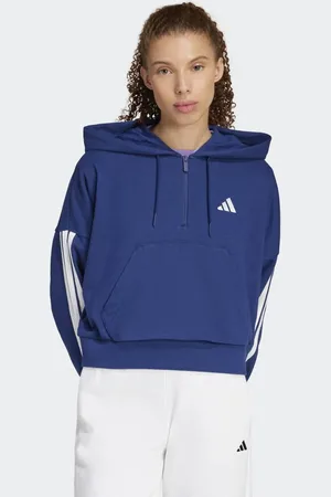 adidas Sudadera azul oscuro y blanca con capucha, cremallera corta y 3 rayas de felpa rizada Essentials de