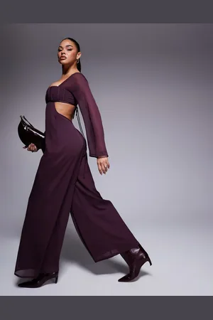 ASOS Mono largo color baya de pernera ancha con pecho estilo corsé con abertura de satén de -Morado
