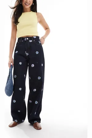 Dr Denim Vaqueros boyfriend holgados con bordado floral Donna de -Azul