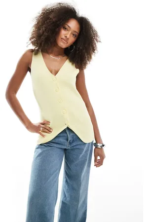 ASOS Chaleco amarillo pastel con cuello de pico de punto de -Blanco