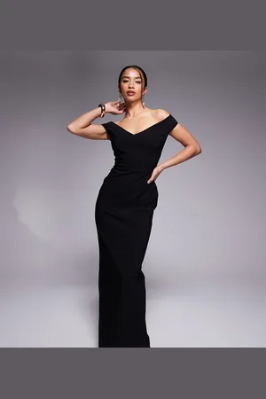 Vesper Vestido largo con escote Bardot de corte corazón de bengalina de