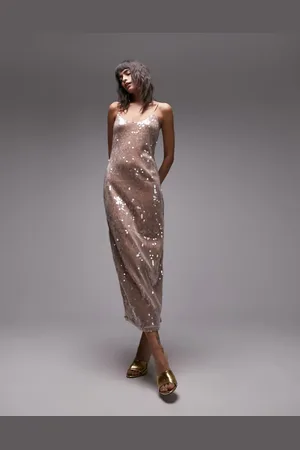 Topshop Vestido lencero midi beis de tirantes de lentejuelas de -Beis neutro
