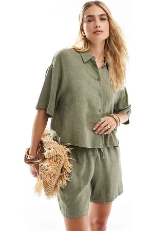 VERO MODA Camisa corta caqui de corte cuadrado de tejido efecto lino de (parte de un conjunto)-Verde
