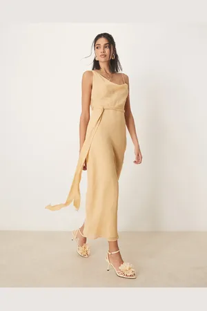 ASOS Vestido lencero semilargo color con cuello desbocado asimétrico y detalle de lazada envolvente de -Marrón