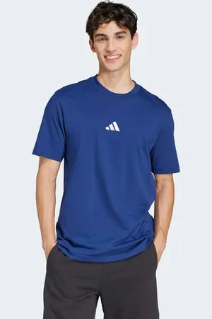 adidas Camiseta azul oscuro y blanca con logo pequeño de punto liso Essentials de