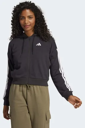 adidas Sudadera negra y blanca con capucha, cremallera y 3 rayas de felpa rizada Essentials de -Negro