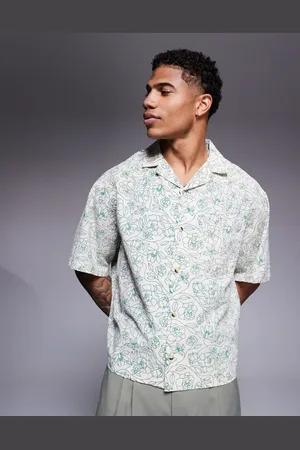 ASOS Camisa color de corte cuadrado extragrande con cuello de solapas y estampado floral de tejido efecto lino de -Neutro