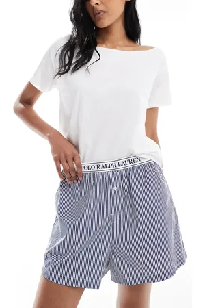 Ralph Lauren Pantalones cortos de pijama a rayas azul oscuro estilo bóxer con cinturilla del logo de
