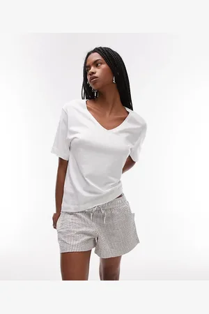 MANGO Pijama blanco y a rayas marrones de camiseta de algodón y pantalones cortos de sirsaca de