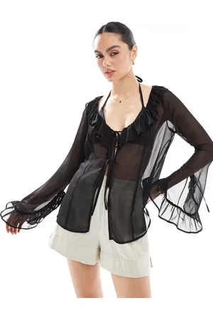 Miss Selfridge Prenda de playa negra con detalle de lazadas de chifón de