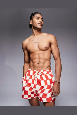 ASOS Shorts de baño cortos a cuadros rojos de