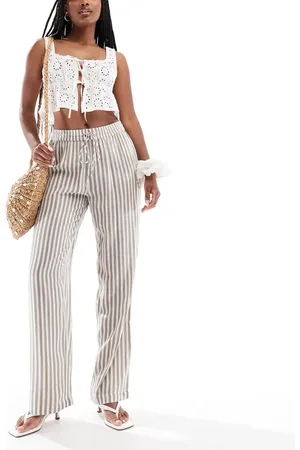 Pieces® Pantalones roca lunar y blanco a rayas de talle alto y pernera ancha de -Marrón