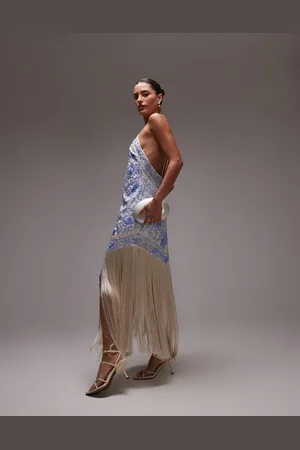 MANGO Vestido azul con diseño estilo pañuelo bordado de satén y bajo de flecos de