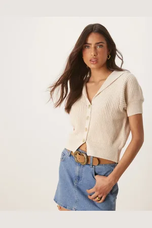 ASOS Cárdigan color de manga corta con botones dorados y cuello estructurado de punto de -Blanco