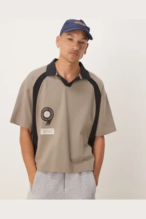 ASOS Polo gris de corte cuadrado extragrande con estampado delantero y trasero de