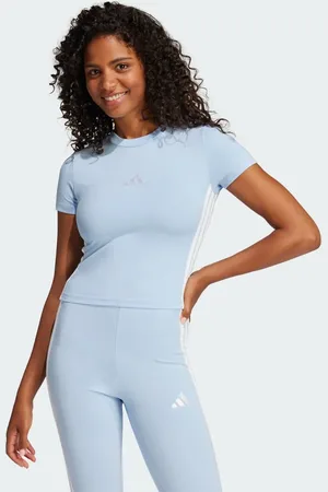 adidas Camiseta azul luminoso y blanca de corte slim con diseño encogido y 3 rayas Essentials de