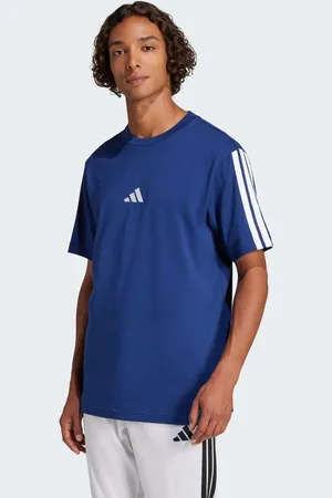 adidas Camiseta azul oscuro y blanca con 3 rayas de punto liso Essentials de