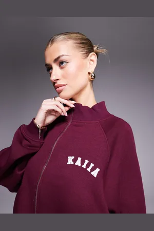 Kaiia Chaqueta de chándal bomber extragrande con cremallera y logo en contraste de (parte de un conjunto)-Rojo