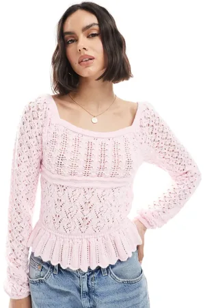 Miss Selfridge Top rosa pastel de manga larga con sobrefalda de punto croché de -Amarillo