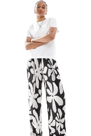 VERO MODA Pantalones plisados de pernera ancha y talle alto con estampado tropical de