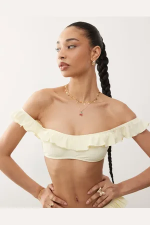 Reclaimed Top de bikini amarillo pastel con escote Bardot y volante de