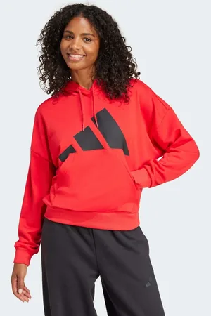 adidas Sudadera rojo rubí y negra de corte suelto con capucha y logo grande de felpa rizada Essentials de