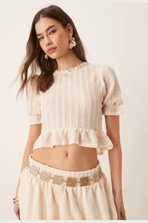 ASOS Top color fruncido de manga corta con detalle de volante de tejido texturizado de (parte de un conjunto)-Marrón