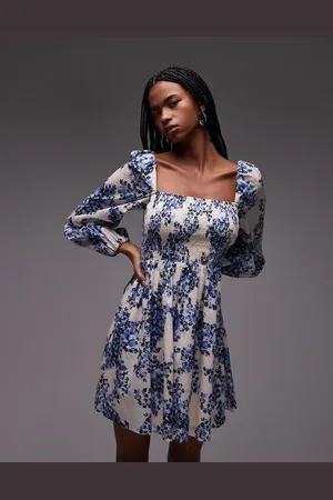 & OTHER STORIES Vestido corto azul con estampado floral, escote cuadrado y cuerpo fruncido de