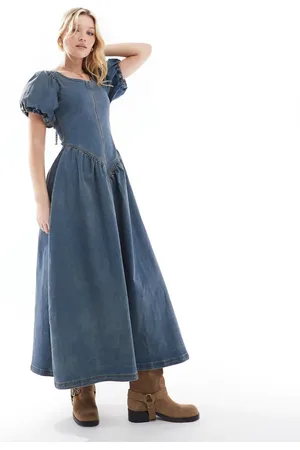 Daisy Street Vestido vaquero largo azul con lavado envejecido, cintura baja y mangas abullonadas de