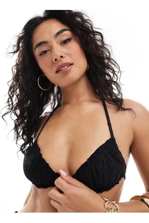 Daisy Street Top de bikini negro con lazada delantera, diseño bordado y detalle de volante de