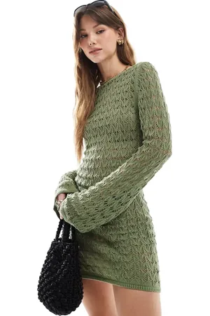Miss Selfridge Vestido corto de manga larga con espalda escotada de croché de -Verde