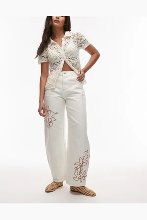Topshop Vaqueros color crudo de pernera barrel con bordado rojo de -Blanco